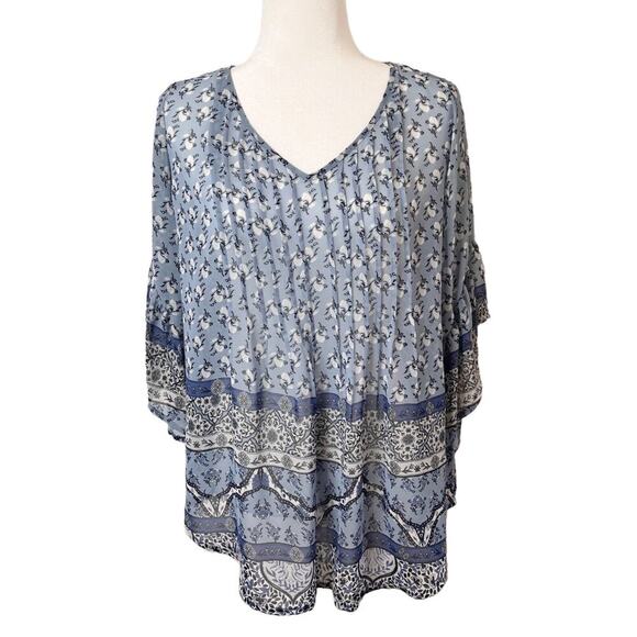 Style & Co Women's Top S Peasant Retro Scarf Print Pintuck Pleated Blue Sheer - Picture 1 of 10